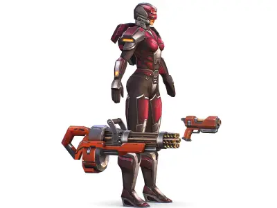 Cyborg Woman Machine Gun with Rifle and Pistol Low-poly 3D model