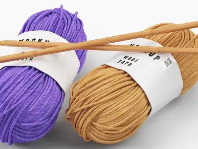 Mockup Wool Yarn Pair with Knitting Needles Fur 3D model