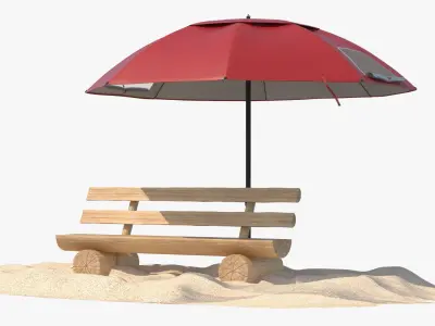 Beach Umbrella with Wooden Bench on Sand Red 3D model