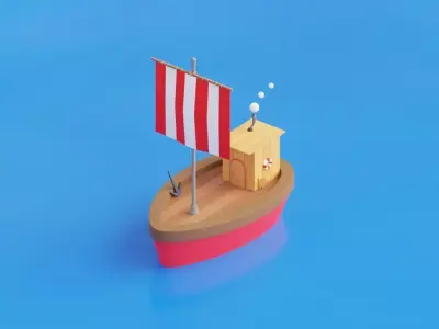 Boat 3D Model wooden with flag Free 3D model