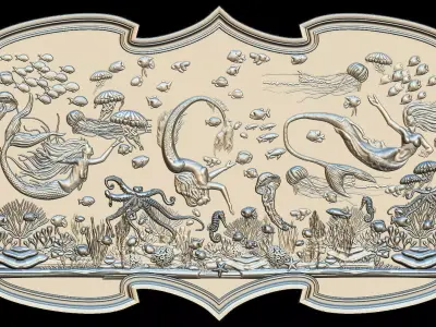 Aquatic Mermaid Theme Panno v2 STL for CNC Relief engraving  3D model