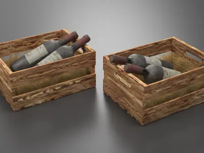 Rustic Wine Case with Two Old Bottle Bordeaux and Hay 3D model
