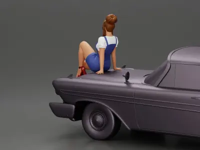 sexy girl in short denim overalls heels is sitting on the car 3D print model