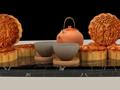 Chinese moon cake with teapot set 3D model