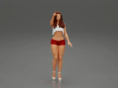 woman standing in mini short and heels with her hand indicating 3D print model
