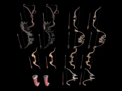 Fantasy Bow and Arrow Set High-poly and Game-Ready Low-poly 3D model