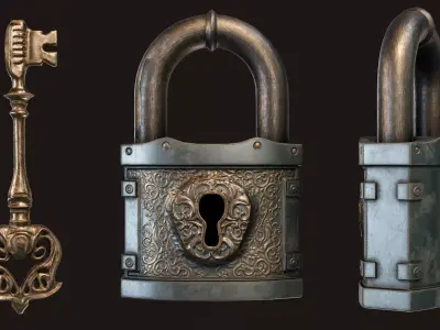 Fantasy Padlock with Key Low-poly 3D model