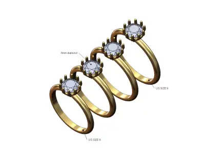 Crown setting 6mm diamond ring US sizes 6to9  3D print model