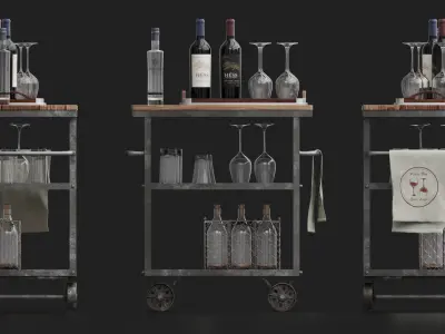Industrial Loft Bar Trolley with bottles and accessories 3D model