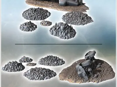 Set of ruins and debris with the carcass of a six-wheeled truck  3D print model