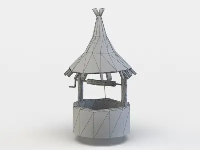 Well stone pot with thatched roof Low-poly 3D model