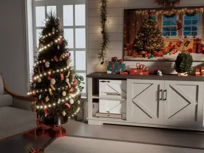 A cozy Christmas living room with a decorated Christmas tree Low-poly 3D model