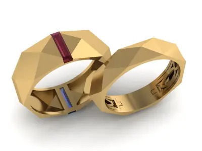 triangular couple ring with two different colors gem stones 3D print model