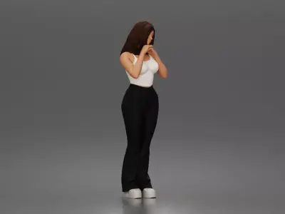 woman stands daydreaming wearing crop tank top and trousers 3D print model