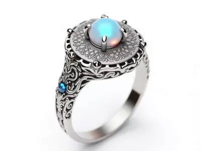 Moonstone Ring 3D Model - Ornate Mandala Silver Jewelry Low-poly 3D model