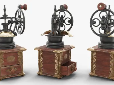 Retro Cast Iron Coffee Grinder on Carved Wood Chest Brown Gold Rigged 3D model