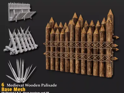 6 Medieval Wooden Palisade Pack Base Meshes 3D model