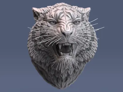 Angry Tiger Head Animal Sculpture Stripes 3D model