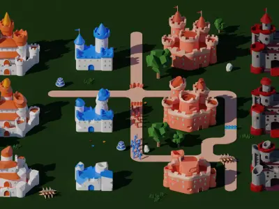 Big Hyper Casual Medieval Castle set modular Free low-poly 3D model