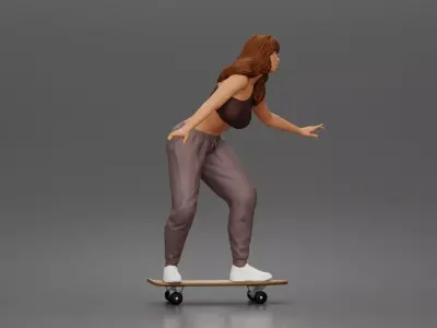 Skater girl balances gracefully wearing crop top jogger pants 3D print model