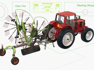 Tractor with Used Twin Rotor Rake Claas Liner 2700 Rigged 3D model