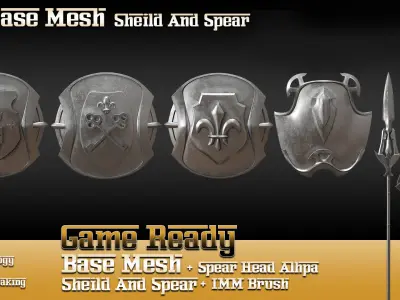 70 Base Mesh Vol 2 Sheild and Spear Game Ready Low-poly 3D model