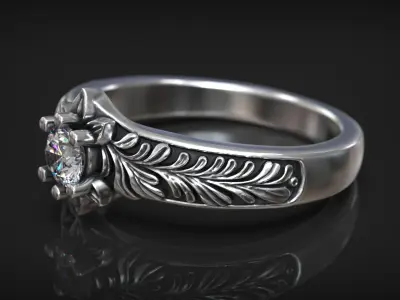 Floral Engagement Ring with Botanical Engraving and Diamond 3D print model