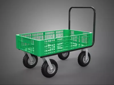 GREEN STEEL PUSH CRATE WAGON PLASTIC MESH DECK BED CART TROLLEY 3D model