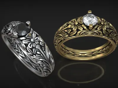 Engagement Solitaire Floral Ornamental Band with Diamond 3D print model