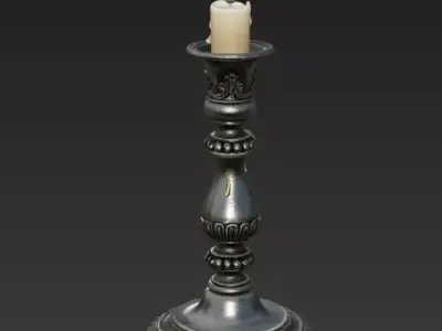 Gothic Ornamental Silver Candlestick Game Ready PBR 3D model