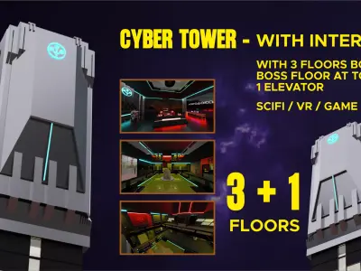 Cyber Tower full with interiors - VR world Low-poly 3D model Low-poly 3D model