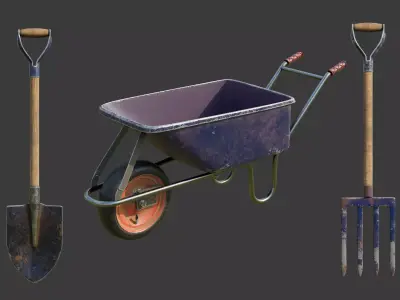 Shovel Spading Fork and Wheelbarrow Collection  3D model