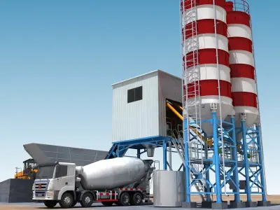 Cement mixing plant and mixer truck 3D model