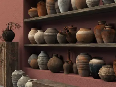 Vintage Primitive Pottery Vase Collection Wabi Sabi Decor PBR Low-poly 3D model