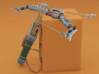 Fantasy Wooden bow with armor blades and stylized quiver Low-poly 3D model
