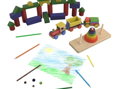 Childhood wooden toy train 3D Model Pack