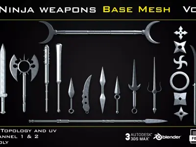 25 Ninja Weapons - BASE MESH - VOL04 - Game ready Low-poly 3D model