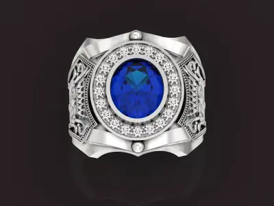 mens signet ring large with oval stone and pattern 1411 3D print model