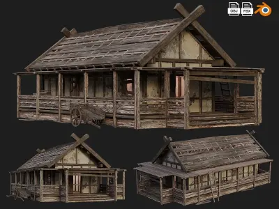 4 Old Medieval Building House Pack 4K Tex GameReady 53 to 56 Low-poly 3D model