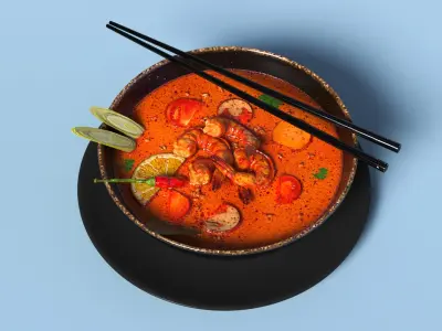 Tom Yum Soup in Bowl with Lime 3D model