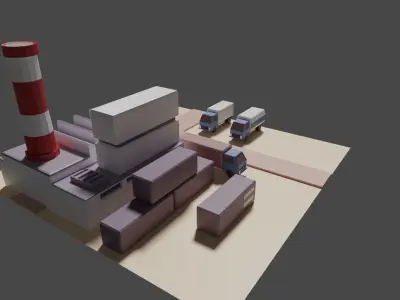 Industrial set factory with chimneys Low-poly 3D model