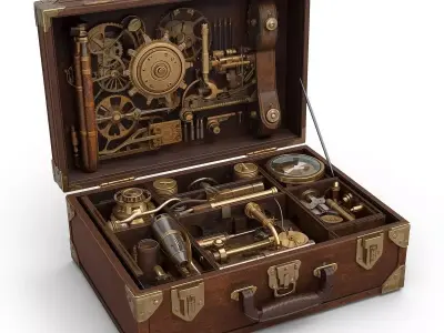 Stylized 3D Steampunk Open Mechanical Toolkit Low-poly 3D model