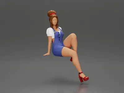 sexy girl in short denim overalls heels is sitting on the car 3D print model