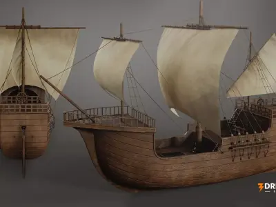 Medieval Cargo Sailing Ship - Historic Wooden Sea Vessel Low-poly 3D model