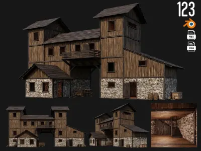 4 Old Wooden House Building Pack 4K GameReady 121 to 124 Low-poly 3D model