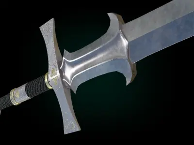 Silver two-handet fantasy long sword Low-poly 3D model