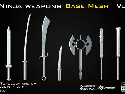 25 Ninja Weapons - BASE MESH - VOL04 - Game ready Low-poly 3D model