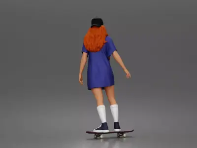 Skateboard girl in long shirt and cap gliding smoothly forward 3D print model