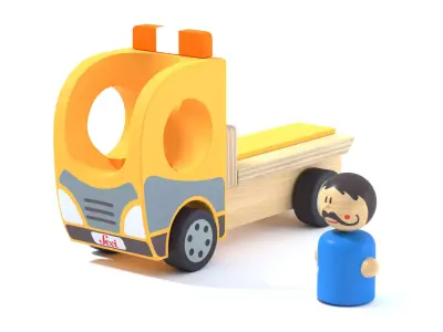 Toy Wood tow truck and character Camion et personnage en bois Low-poly 3D model