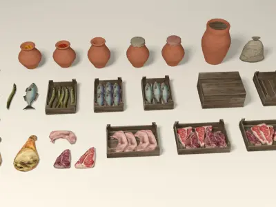 Medieval street markets props collection Low-poly 3D model